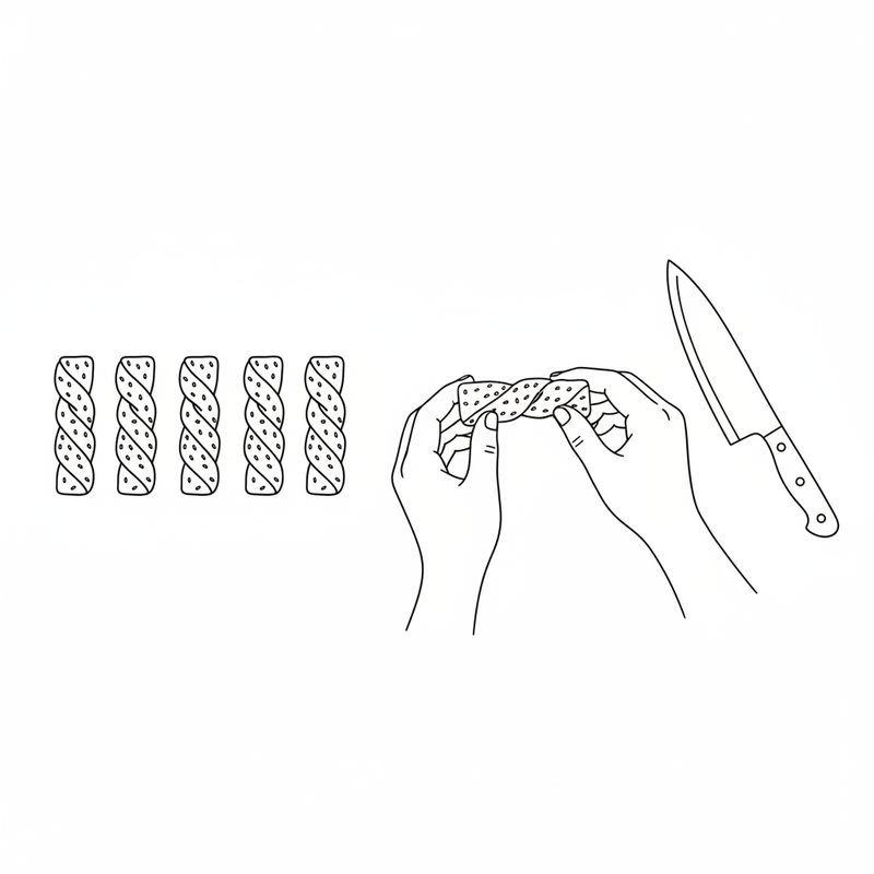 Line drawing of hands twisting a seed-covered strip of dough, five twisted strips lined up beside them and a knife