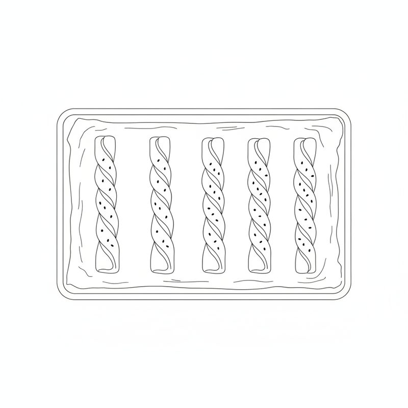 Line drawing from above of a lined baking tray holding five long, twisted, seed-topped pastry strips side by side