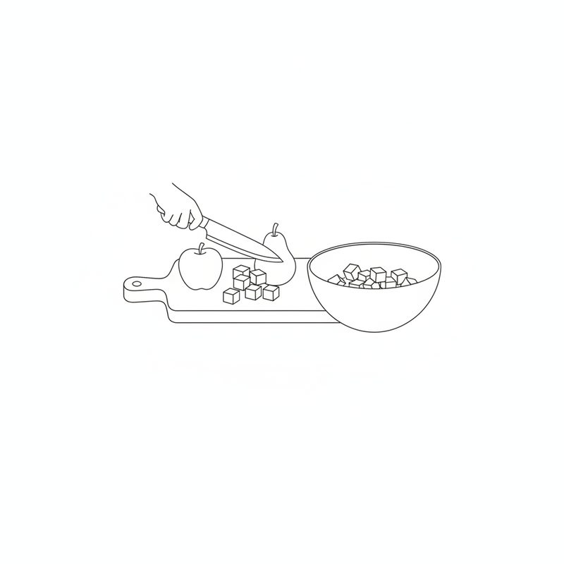 Line drawing of a hand cutting an apple and a pear into small cubes on a board beside a bowl of diced fruit