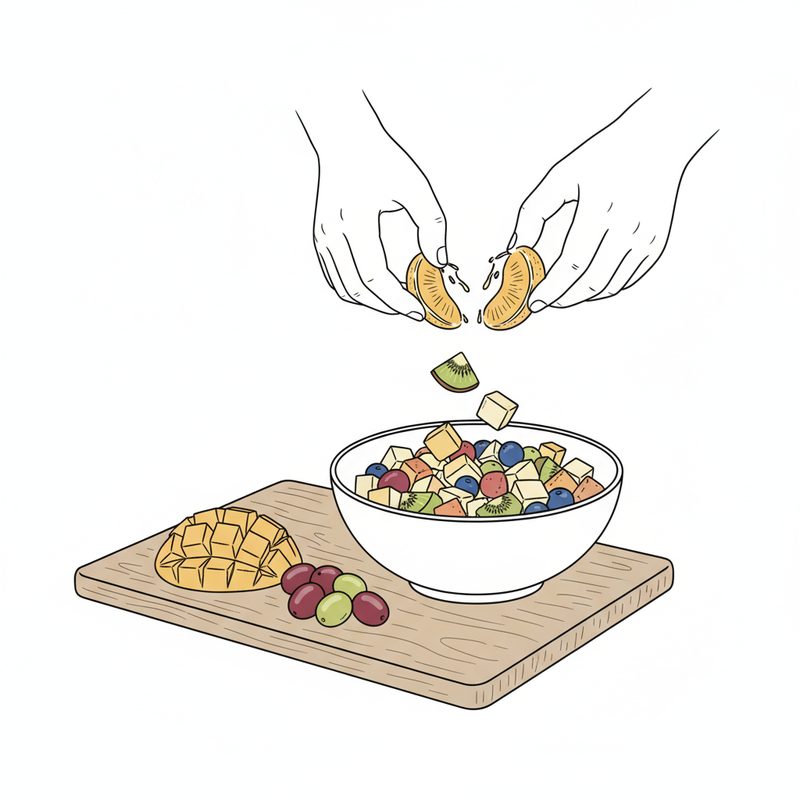 Drawing of hands pulling orange segments apart over a bowl of mixed diced fruit, with cubed mango and grapes on a wooden board