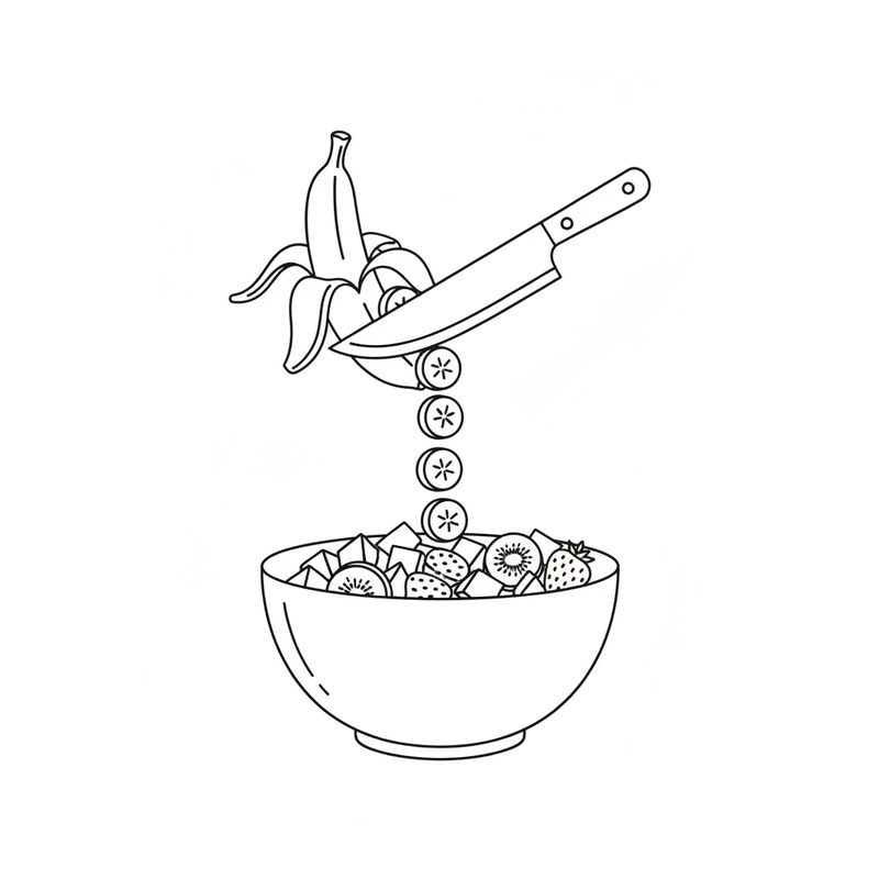 Line drawing of a banana being sliced into coins that drop into a bowl of mixed cut fruit