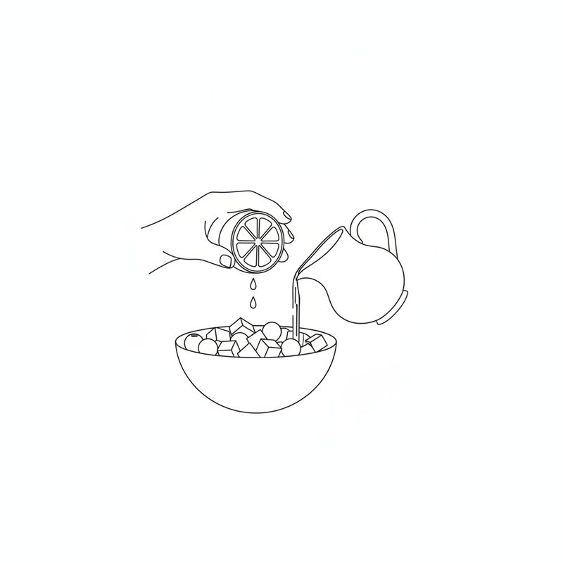 Line drawing of a hand squeezing a lemon half while a jug pours juice into a bowl of diced fruit