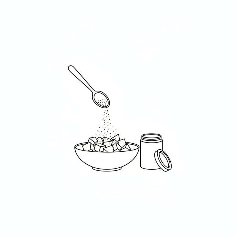 Line drawing of a teaspoon sprinkling spice powder over a bowl of diced fruit next to an open spice tin