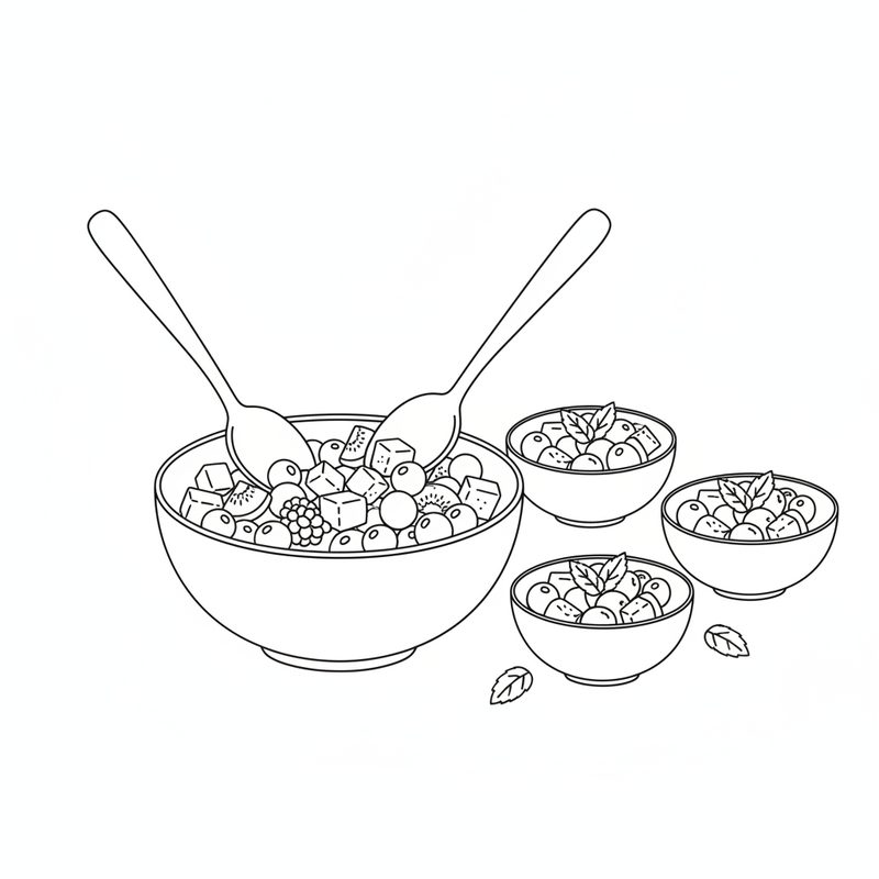 Line drawing of two spoons folding a large bowl of fruit chaat beside three small bowls garnished with mint leaves