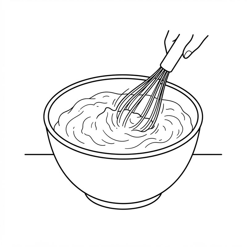 Line drawing of a hand whisking cream into a soft foam in a large mixing bowl