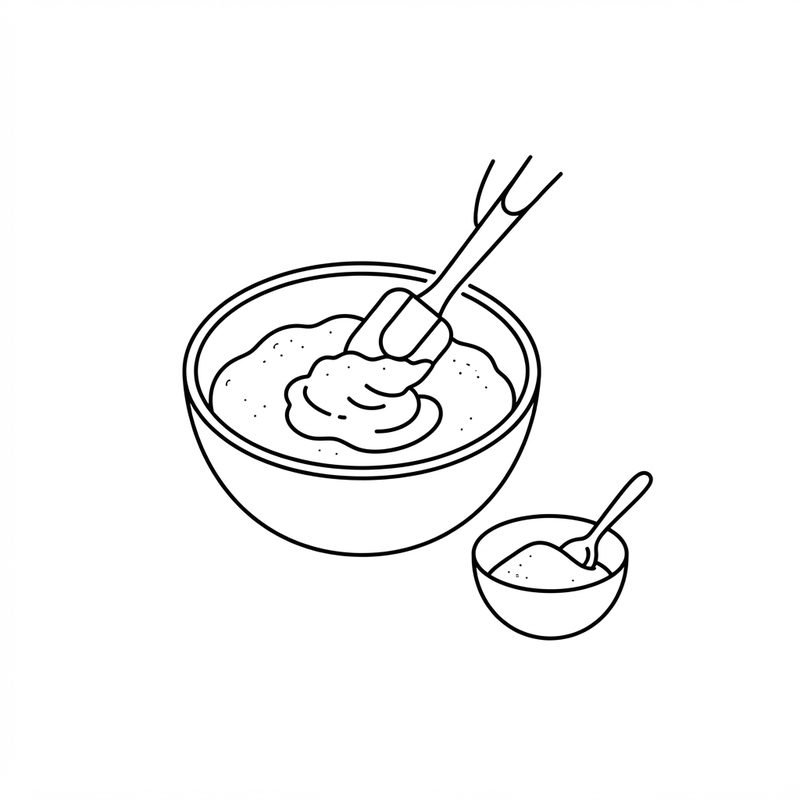 Line drawing of a spatula folding a creamy mixture in a mixing bowl, with a small bowl of sugar and a spoon beside it