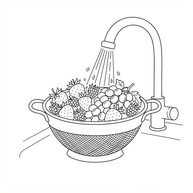 Line drawing of strawberries, grapes and blackberries in a colander being rinsed under a running kitchen tap