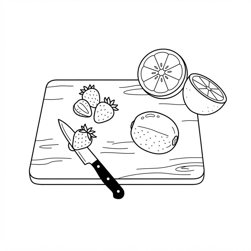 Line drawing of a knife and strawberries on a wooden cutting board, one strawberry halved, with a whole kiwi and a halved orange