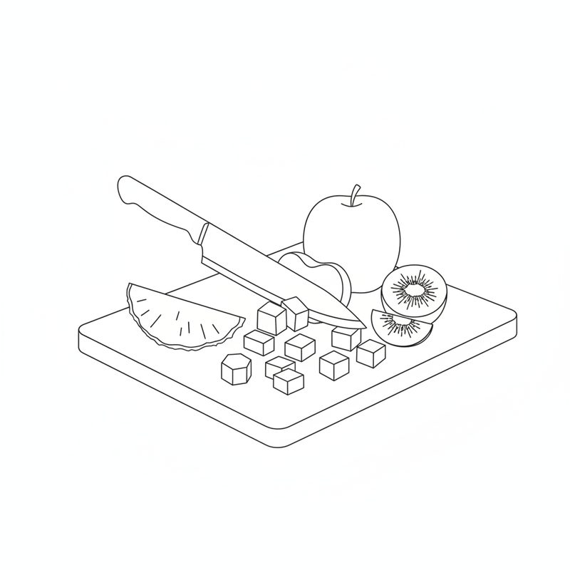 Line drawing of a chef's knife cutting fruit into cubes on a cutting board, with a pineapple wedge, an apple and a halved kiwi