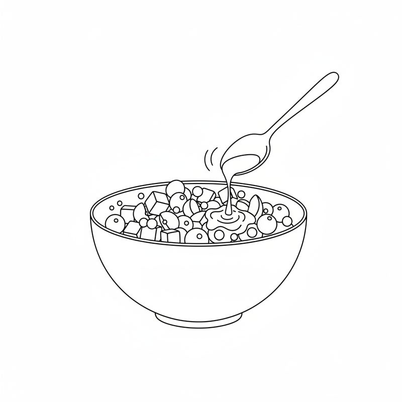 Line drawing of a spoon pouring cream over a large bowl of cut fruit and berries