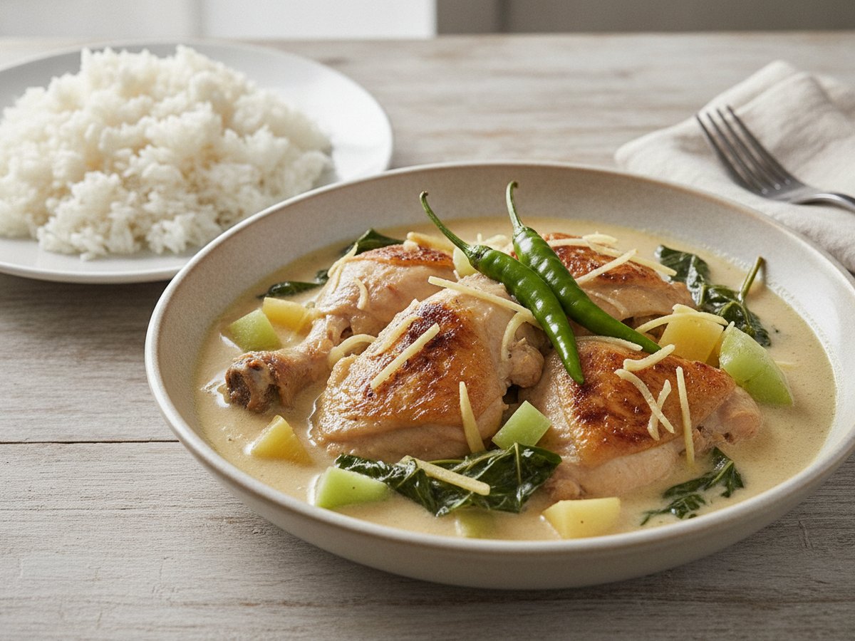 Ginataang manok in a wide white bowl: browned bone-in chicken pieces in a pale coconut milk sauce with ginger slivers, papaya chunks, two long green chilies and wilted greens, beside a plate of steamed white rice