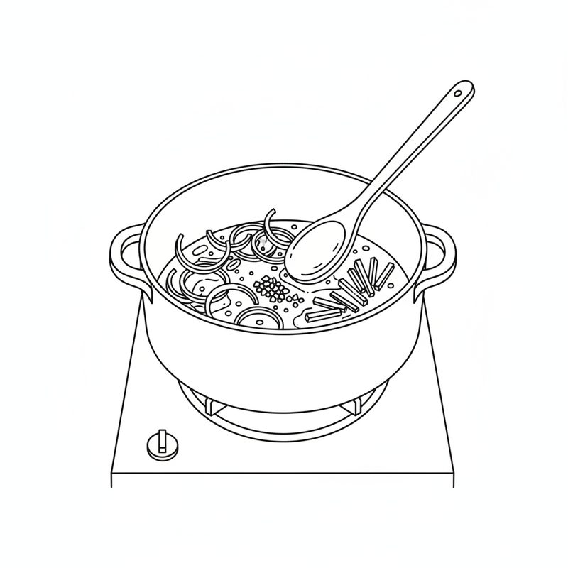 Line drawing of a wooden spoon stirring onion rings, chopped garlic and ginger matchsticks in a little oil in a pot on a gas burner