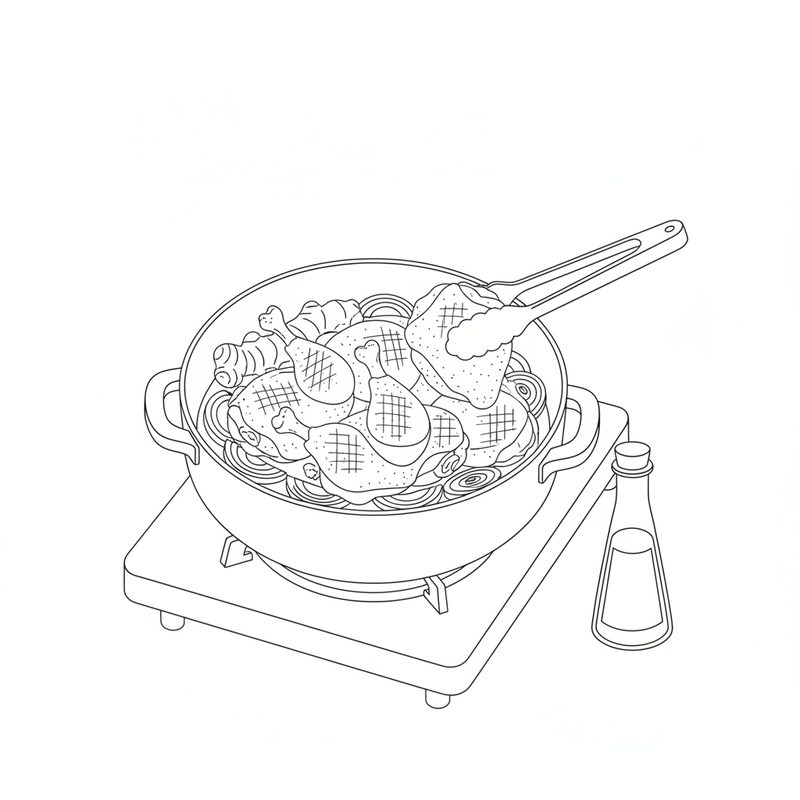 Line drawing of tongs turning chicken drumsticks and thighs on a bed of sliced onion and ginger in a pot, with a small bottle beside the stove