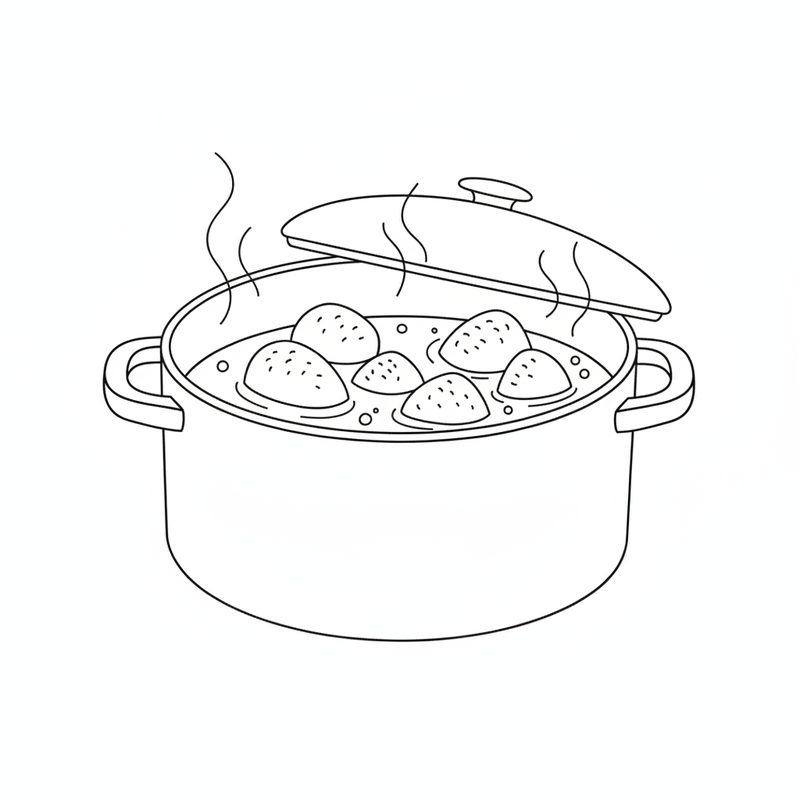 Line drawing of chicken pieces simmering in a little liquid in a pot, the lid tilted on top and steam rising