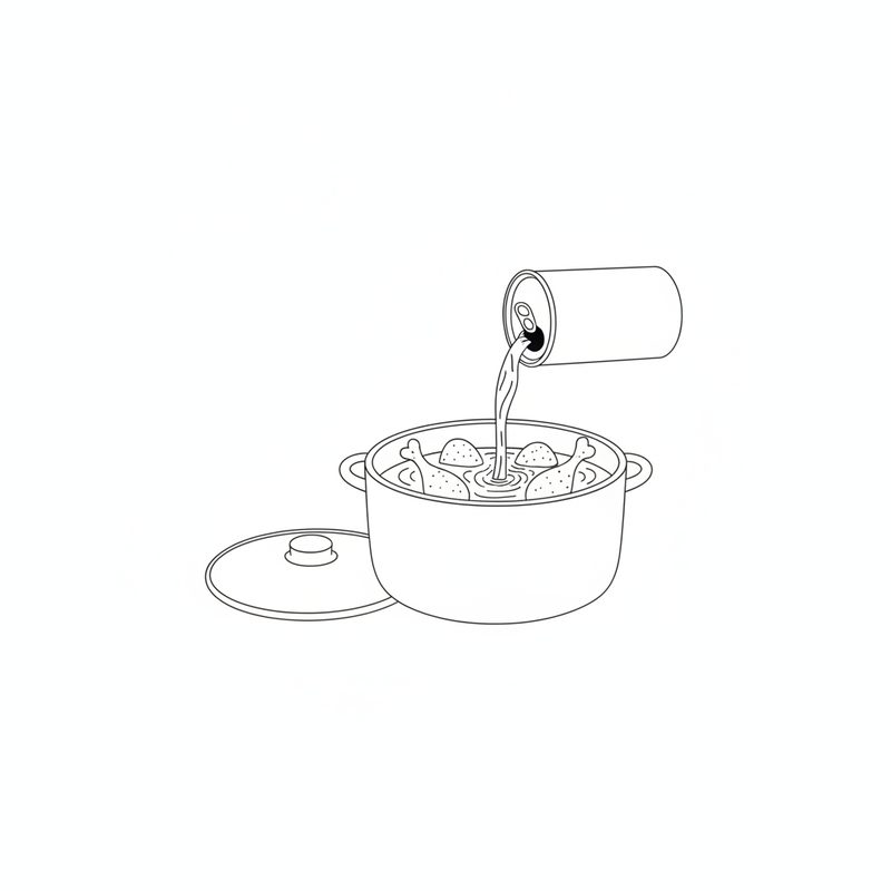 Line drawing of coconut milk pouring from a can into a pot of chicken drumsticks, the lid set down beside the pot