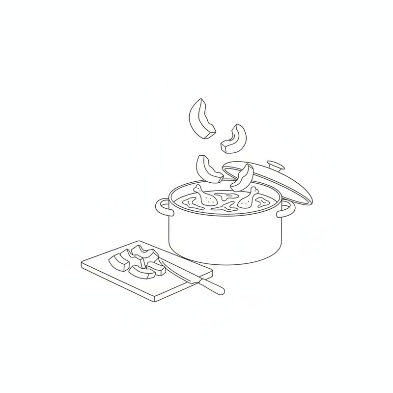 Line drawing of papaya wedges dropping into a pot of chicken in sauce, with more cut pieces and a knife on a cutting board