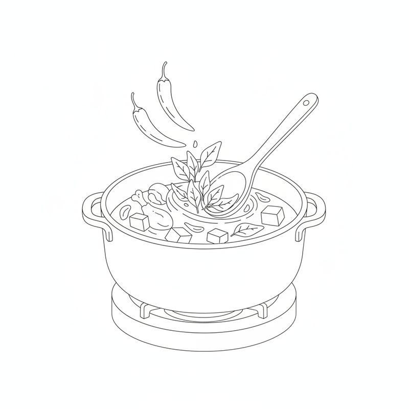 Line drawing of two long chili peppers and a handful of leaves going into a pot of chicken and cubed papaya, stirred with a wooden spoon