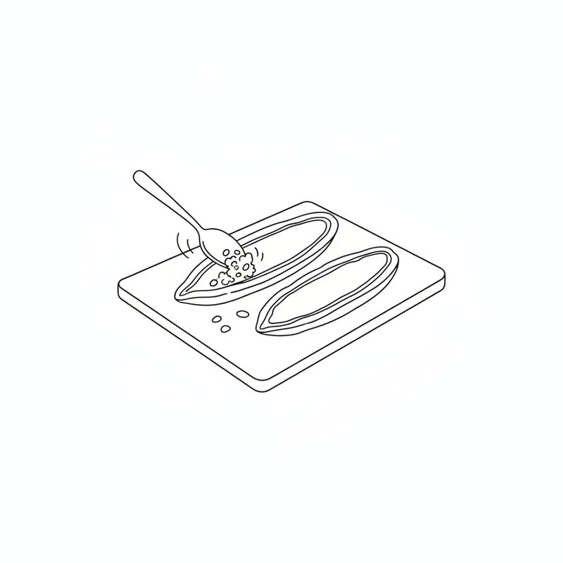 Line drawing of a bitter melon cut in half lengthwise on a cutting board, a spoon scraping the seeds out of one half