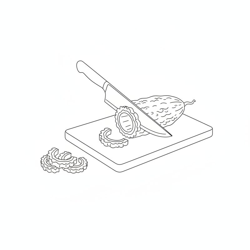 Line drawing of a knife cutting thin ridged rings from a bitter melon on a cutting board, a few rings beside the board