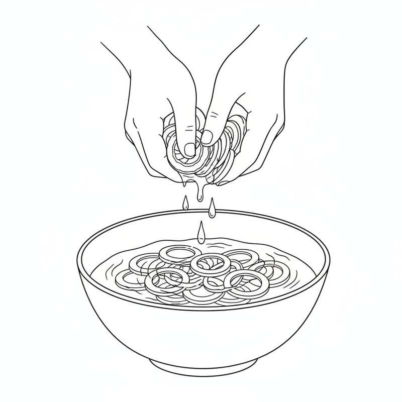 Line drawing of two hands squeezing a handful of bitter melon rings over a bowl of water holding more rings