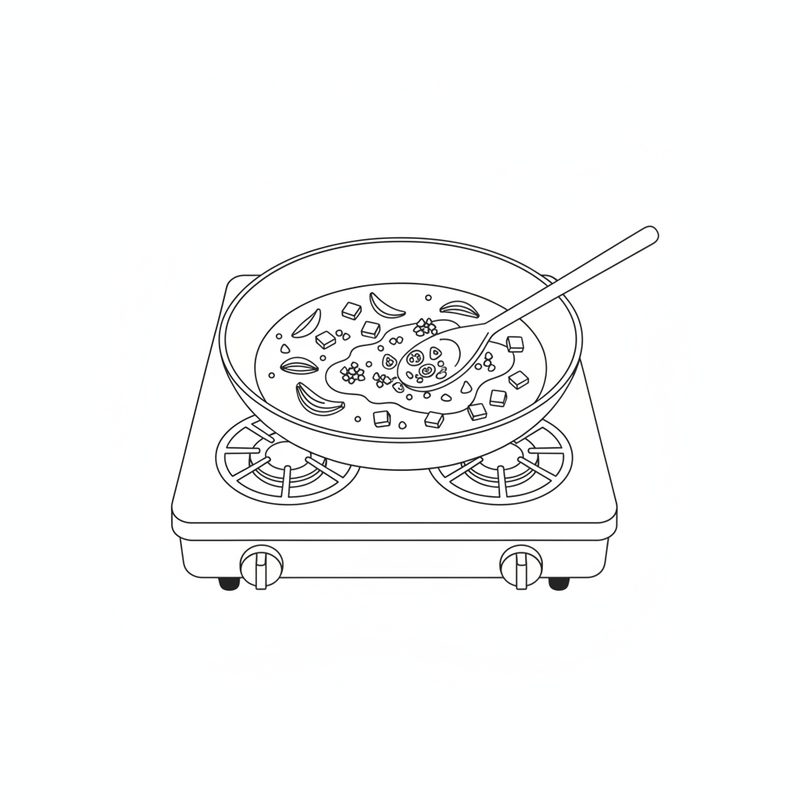 Line drawing of a frying pan on a two-burner stove, chopped onion, garlic and diced tomato being stirred with a spoon