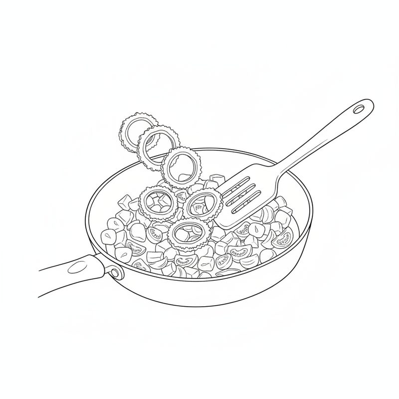 Line drawing of bitter melon rings dropping into a frying pan of chopped tomato and onion beside a slotted spatula