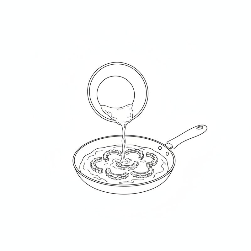 Line drawing of beaten egg being poured from a small bowl into a frying pan over bitter melon rings
