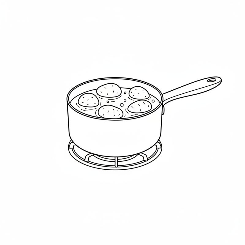 Line drawing of a saucepan on a gas burner with five peeled potatoes in water