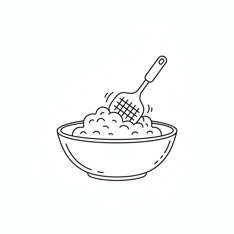 Line drawing of a potato masher pressing mashed potato in a mixing bowl