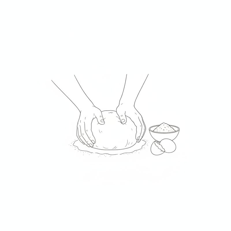 Line drawing of two hands shaping a ball of dough on a floured surface, beside a small bowl of grated cheese and a cracked egg shell