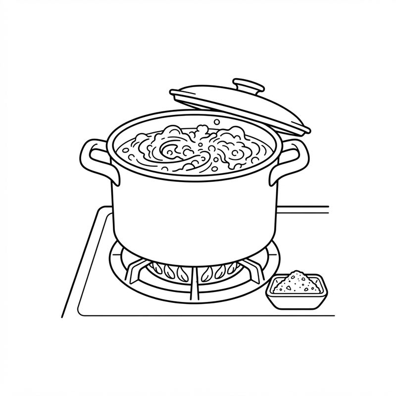 Line drawing of a large pot of boiling water on a gas burner with its lid tipped open and a small dish of salt beside it