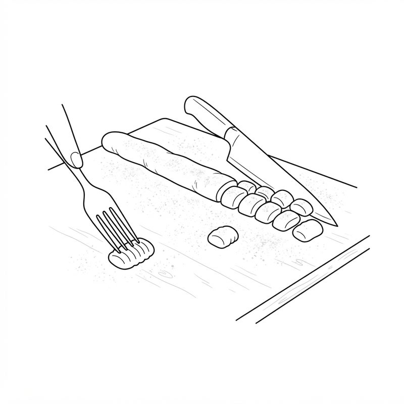 Line drawing of a rope of dough cut into short pieces with a knife on a floured board while a fork presses ridges into one piece