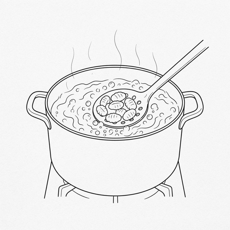 Line drawing of a slotted spoon lifting ridged gnocchi out of a pot of boiling water