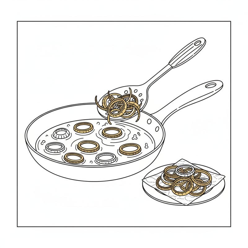 Line drawing of onion rings frying in a wide pan of oil, a slotted spoon lifting browned rings out and more fried rings drained on a paper-lined plate