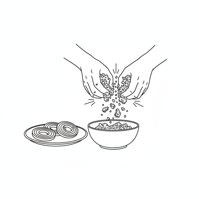 Line drawing of two hands crumbling crisp fried onions into a bowl, with a few whole fried onion rings kept on a plate beside it