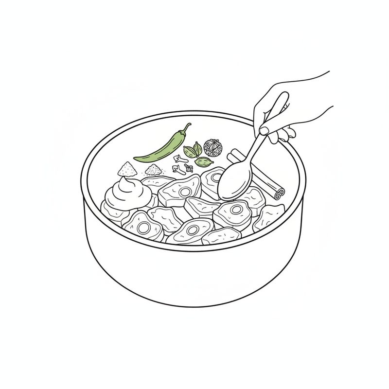 Line drawing of a hand stirring a pot of raw bone-in meat pieces topped with a dollop of yogurt, two small heaps of ground spice, a green chilli, cardamom pods, cloves and a cinnamon stick
