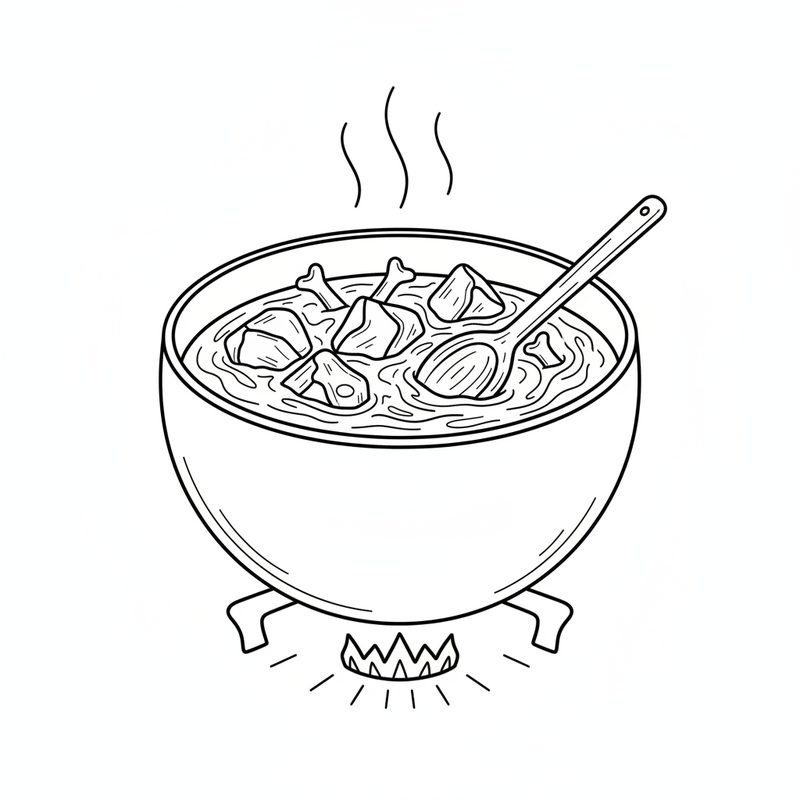Line drawing of a steaming pot of bone-in meat pieces in thick sauce over a gas flame, a wooden spoon resting in it
