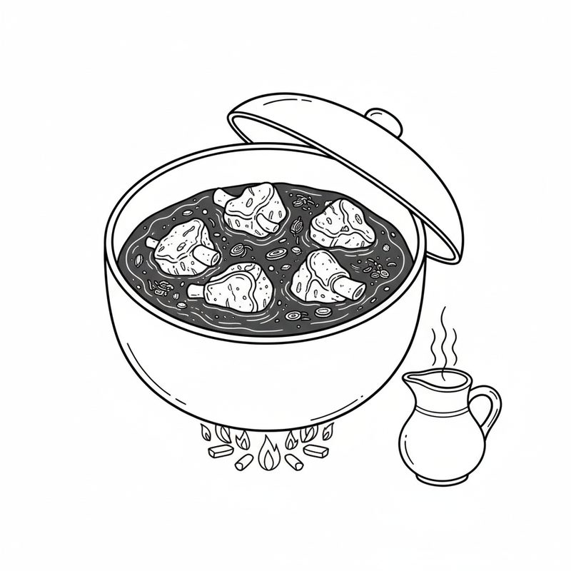 Line drawing of a pot with its lid lifted, bone-in meat pieces in a dark thick sauce over a low flame, a steaming jug of hot water beside it