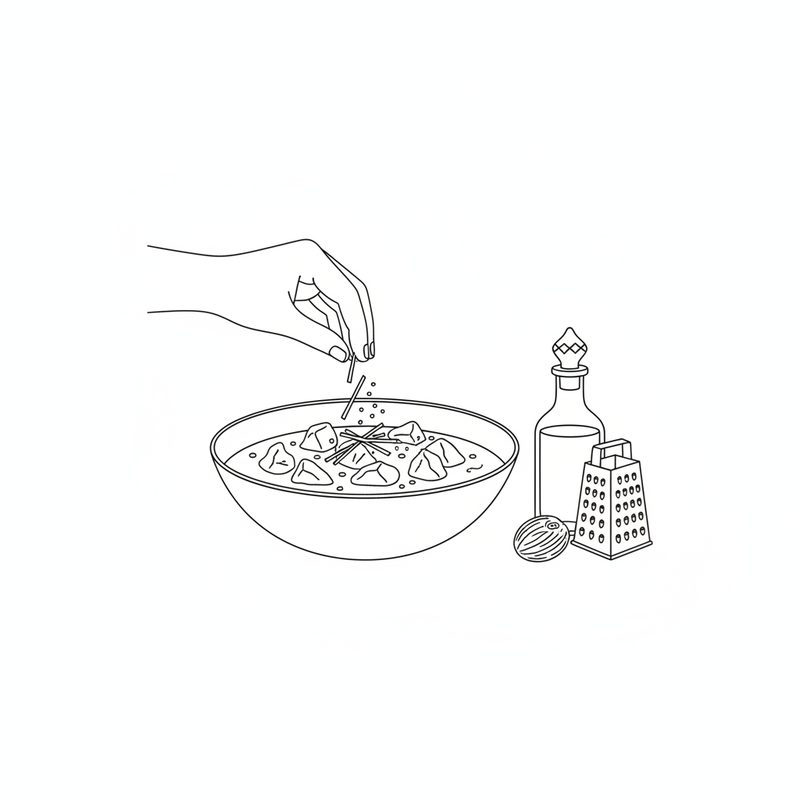 Line drawing of a hand scattering thin ginger strips and spice over a bowl of meat korma, with a small bottle, a whole nutmeg and a box grater beside it