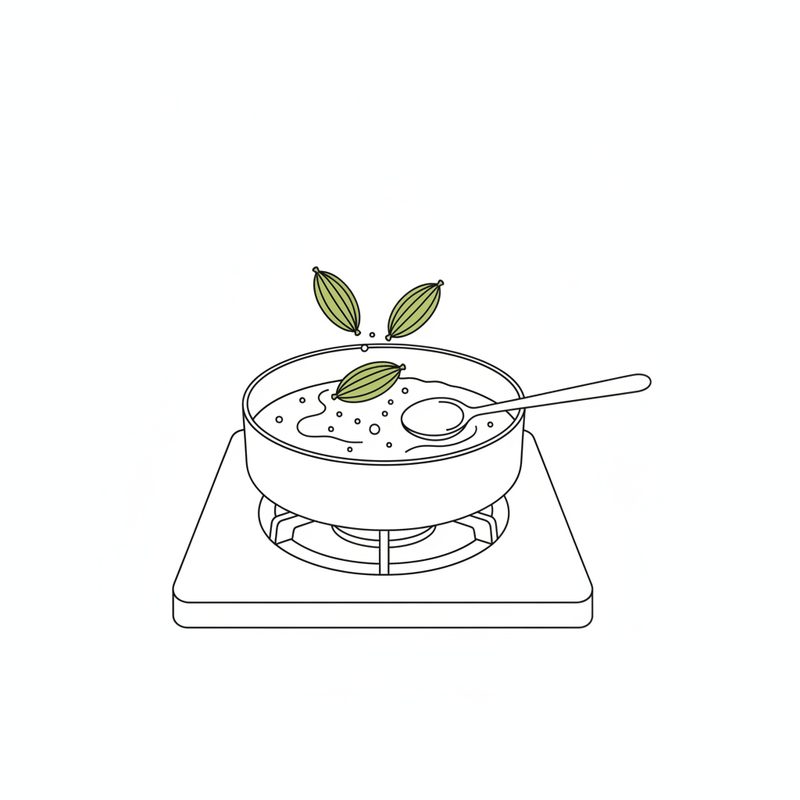 Line drawing of a saucepan of syrup on a gas burner, a spoon resting in it and green cardamom pods dropping in