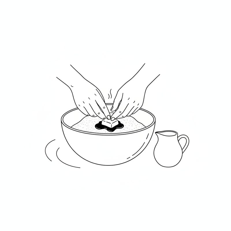 Line drawing of two hands working a pat of melting fat into a bowl of fine powder, with a small milk jug beside the bowl