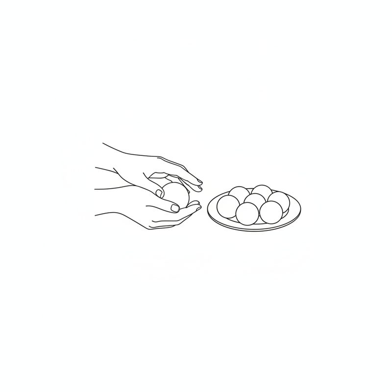 Line drawing of two hands rolling a smooth ball of dough, beside a plate of seven round dough balls