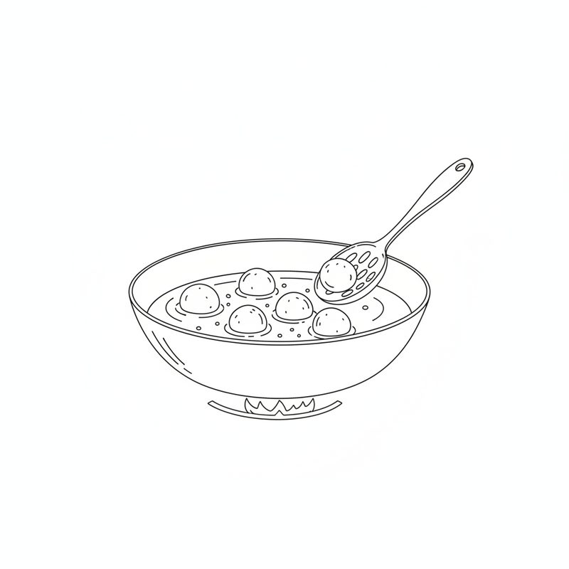 Line drawing of a deep pan of oil over a low flame with six dough balls frying and a slotted spoon lifting one out