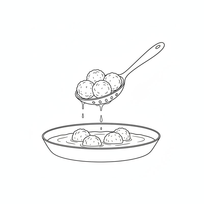 Line drawing of a slotted spoon of fried balls dripping over a wide pan of syrup with more balls already soaking