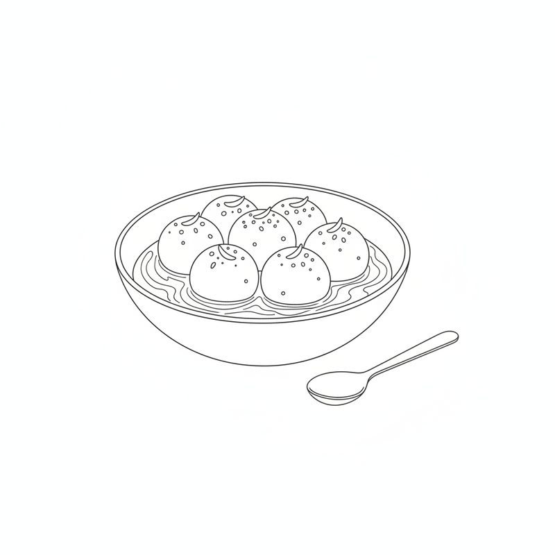 Line drawing of a bowl of seven gulab jamun in syrup, each topped with a sliver of pistachio, with a spoon beside it