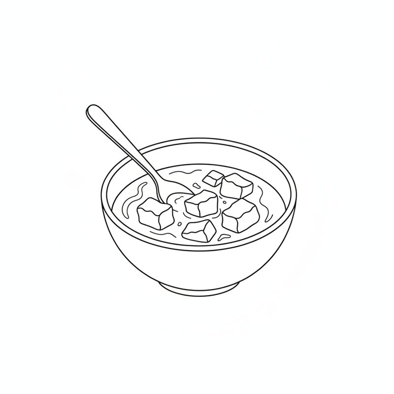 Line drawing of a bowl of water with several pieces of tamarind block soaking in it and a spoon resting against the rim