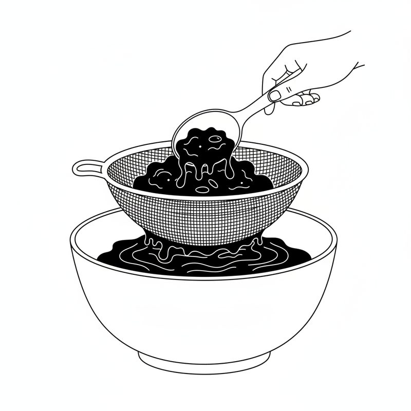 Line drawing of a hand pressing dark tamarind pulp through a fine mesh sieve with a spoon, thick pulp collecting in the bowl underneath