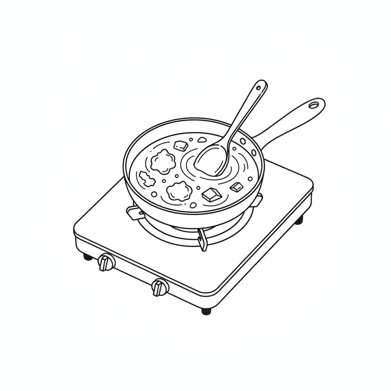 Line drawing of a saucepan on a gas burner holding tamarind liquid with pieces of jaggery dissolving in it and a spoon stirring