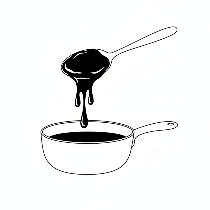 Line drawing of a spoon lifted over a saucepan, thick dark chutney coating it and dripping slowly back into the pan