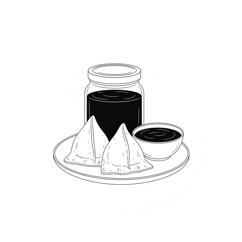 Line drawing of a glass jar of dark chutney beside a small bowl of chutney and two samosas on a plate
